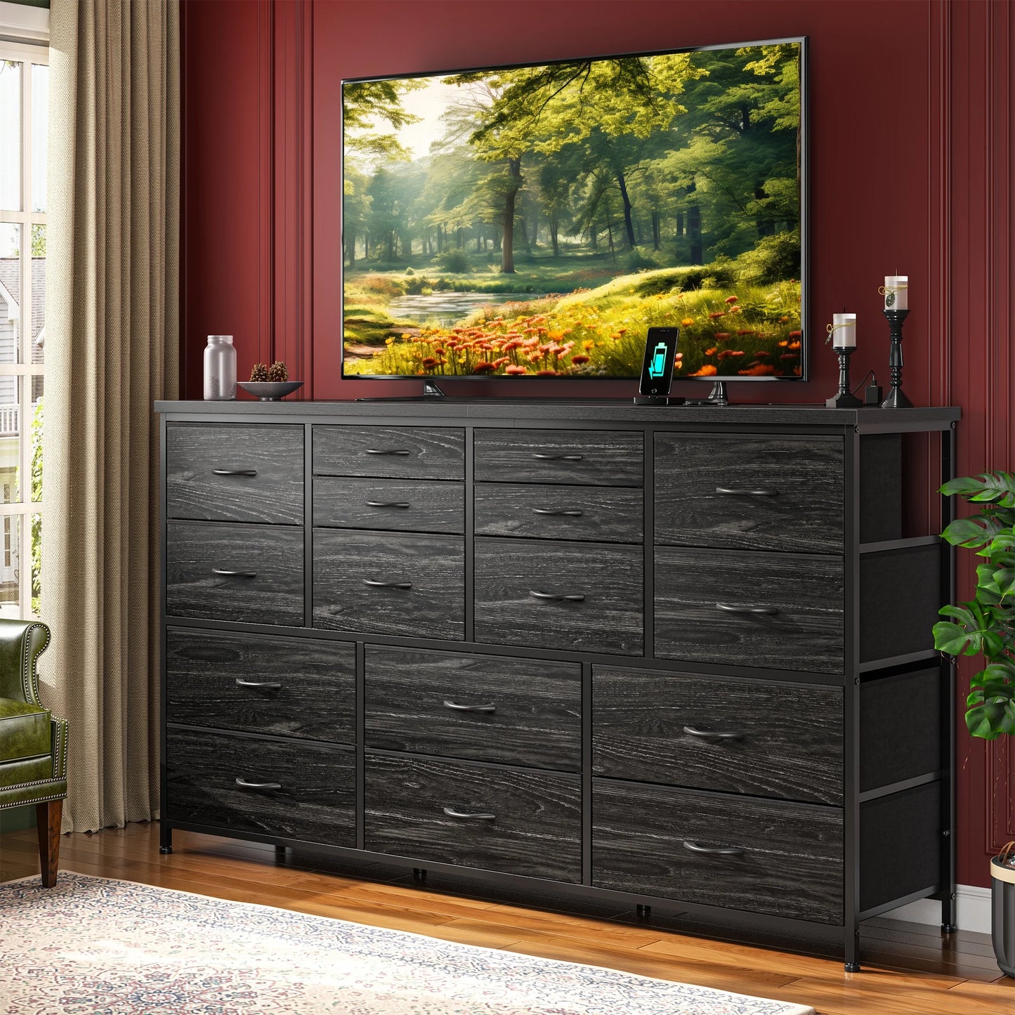 16-Drawer Fabric Dresser with Charging Station - Versatile TV Stand for 60" TVs, Organizer for Bedroom or Living Room