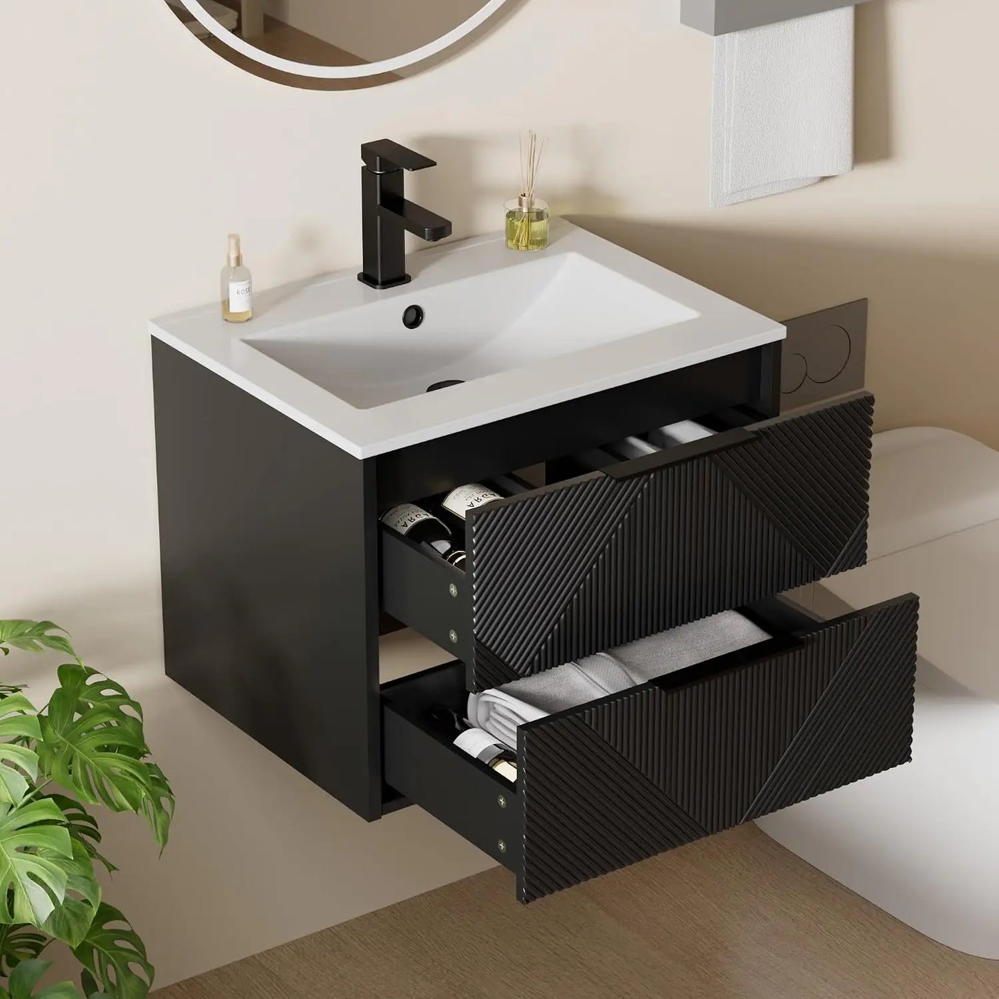 24" Floating Bathroom Vanity with Sink Combo, Modern Wall Mounted Floating Cabinet with 2 Large Soft-Close Drawers, Customized