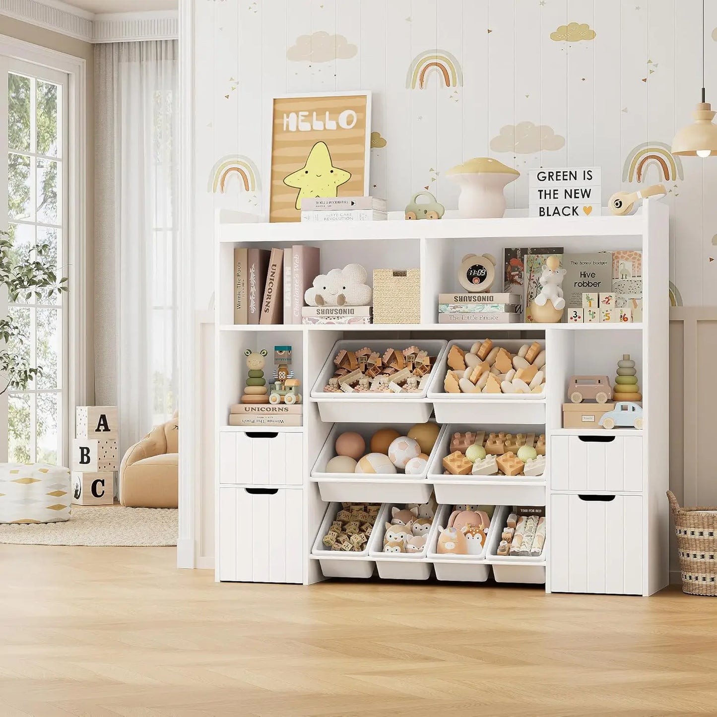 Wood Toy Storage Organizer With Drawers And Removable Bins
