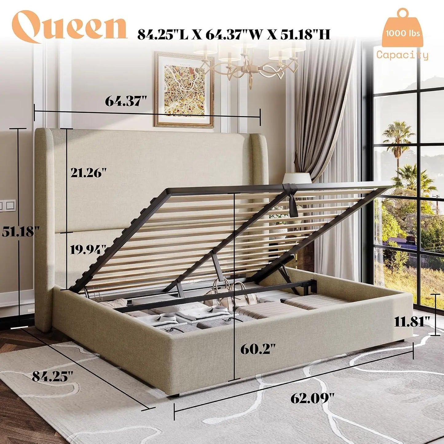 Lift Storage Upholstered Bed Platform Frame With Hydraulic Headboard