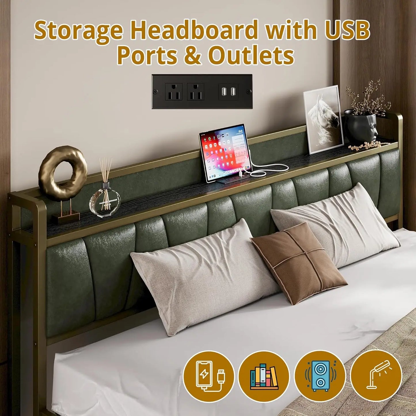 LIKIMIO Bed Frame With Storage Headboard And Charging Station No Box Spring