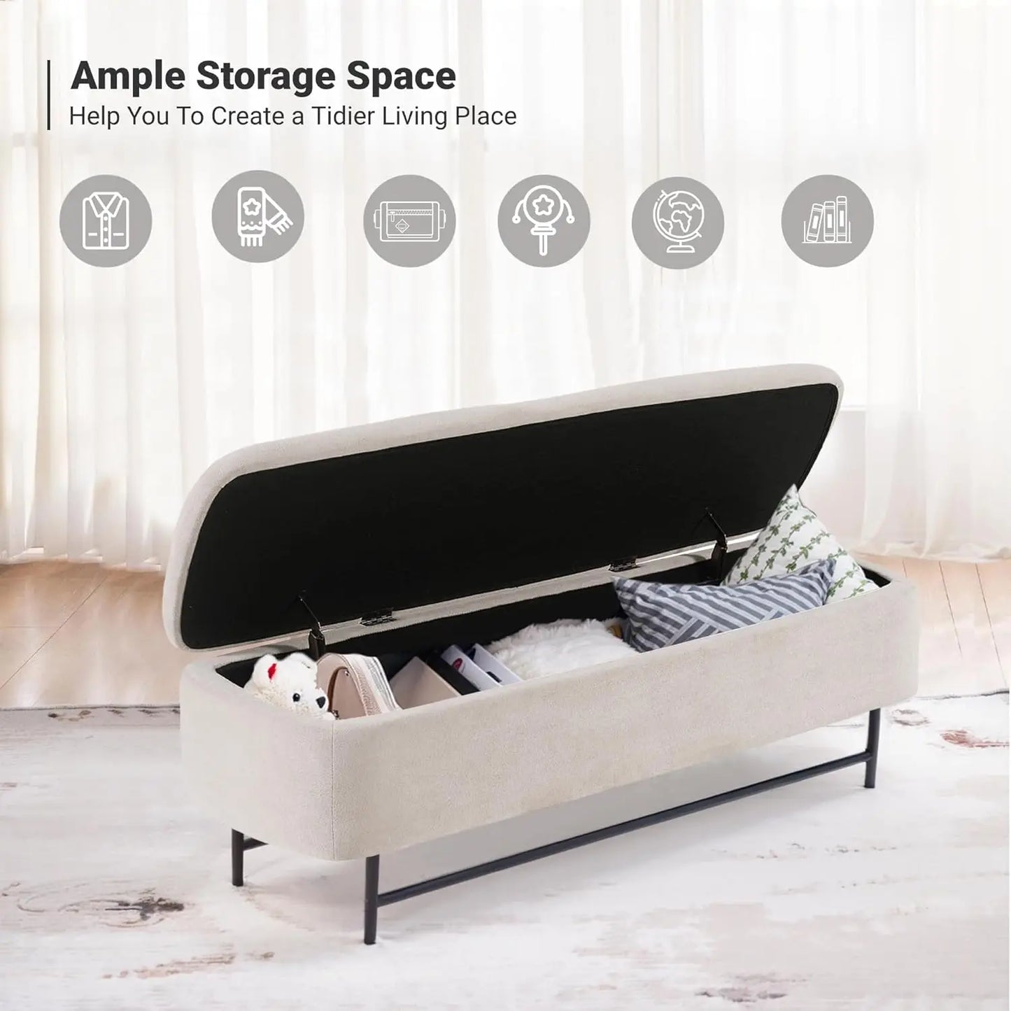 Boucle Upholstered Storage Bench for Bedroom Teddy Ottoman