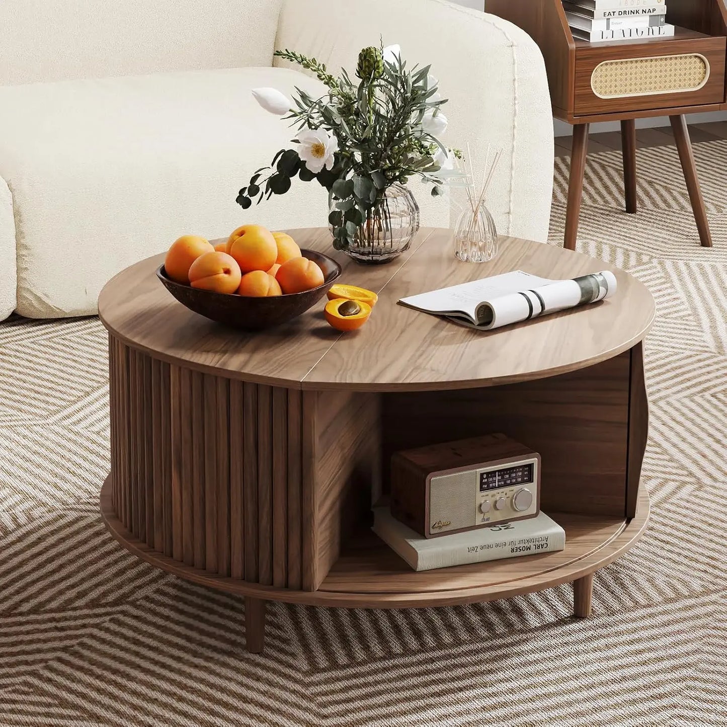 Round Coffee Table With Hidden Storage Walnut Wood Drum Table