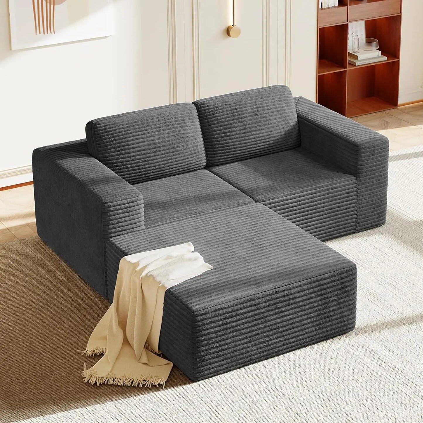 Corduroy L-Shape Modular Sofa With Movable Ottoman Sectional