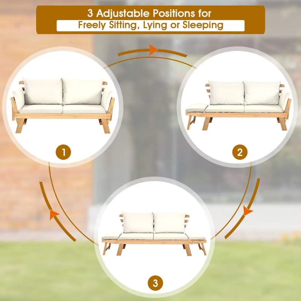 Convertible Acacia Patio Sofa Bed Adjustable Armrest Cushion Pillows Outdoor Folding Futon Bench Porch Garden 3-Seat, Custom