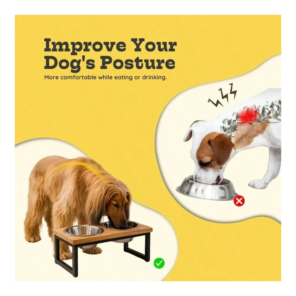 Mango Wood Raised Dog Bowl Stand With Stainless Steel Bowls