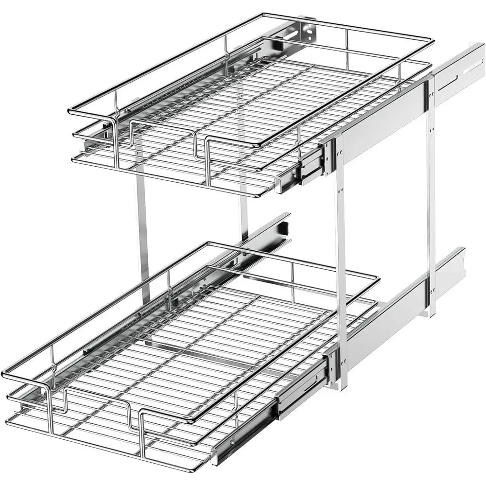 2 Tier Pull Out Cabinet Organizer 11 W x 18 D, Slide Out Kitchen Cabinet Storage Sliding Shelves