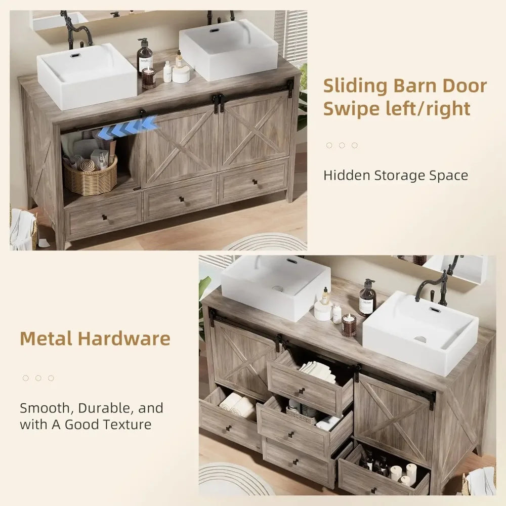 Bathroom Vanity with Sink, 60 Inch Bathroom Vanity Double Sink Ceramic, Freestanding Cabinet, Grey Wood Grain
