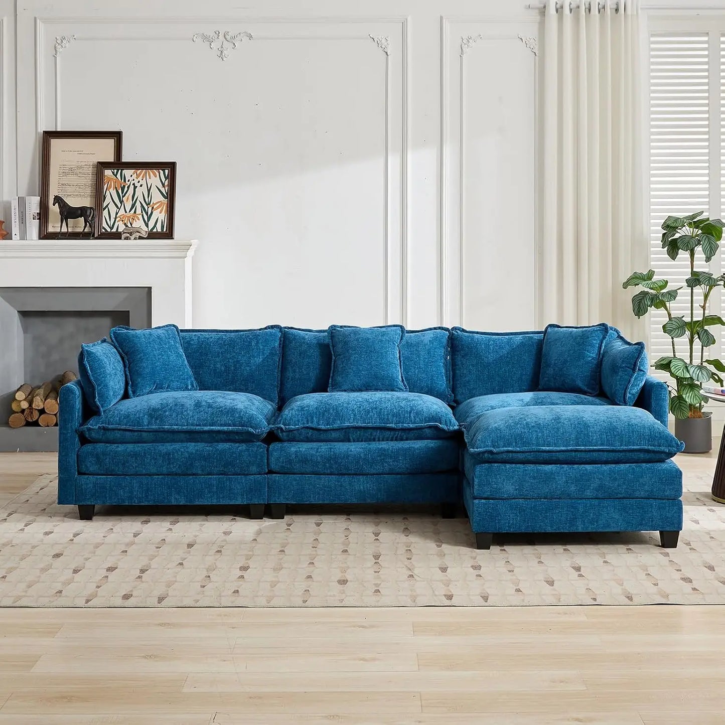 111.5" Blue Modular Sectional Sofa Chenille Deep Seat L-Shape Oversized Living Room Set With Ottoman, Customized