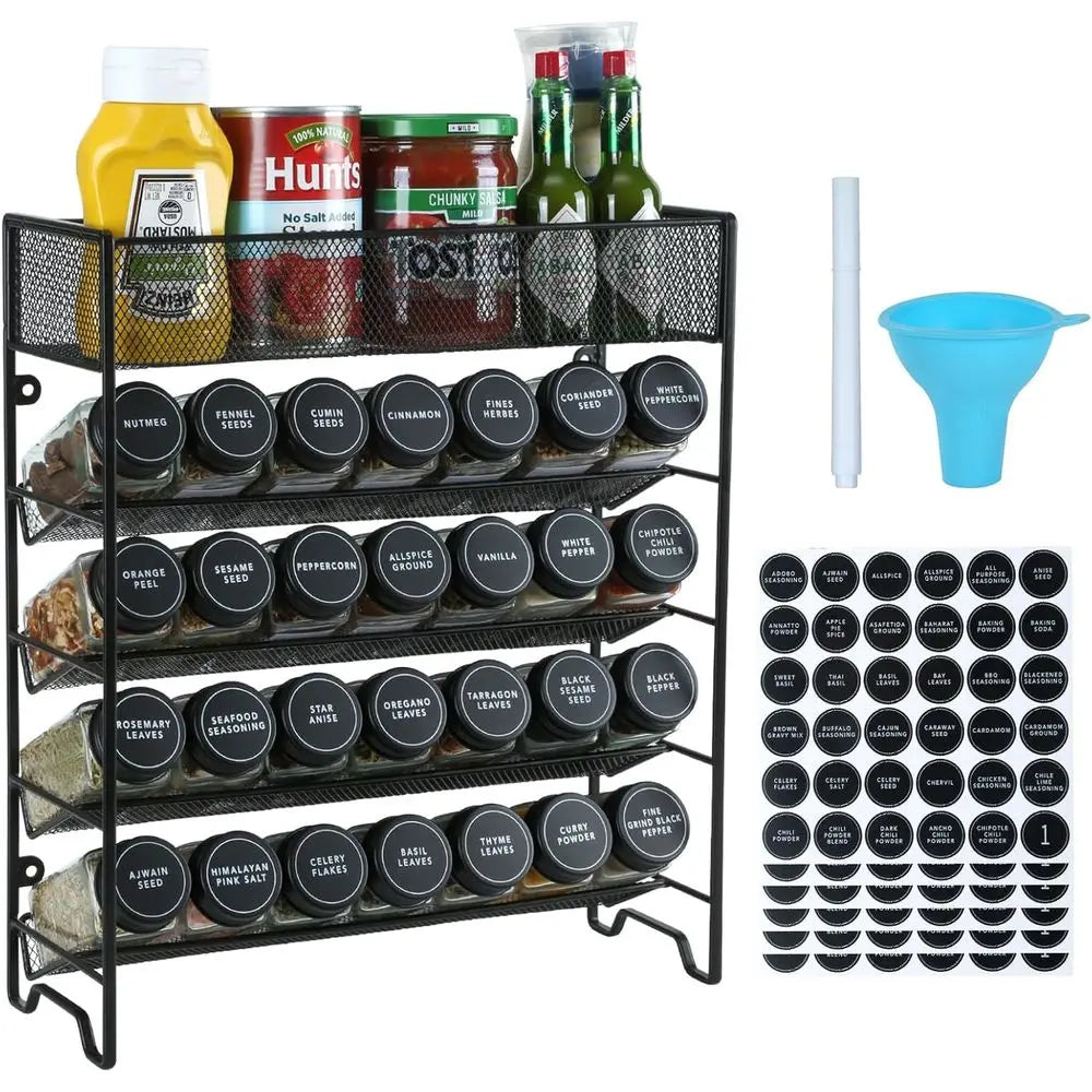 Spice Rack Organizer with 28 Spice Jars, Black Lids, Spice Labels, Chalk Pen, and Tunnel Set for Cabinet, Countertop, Pantry, Cu
