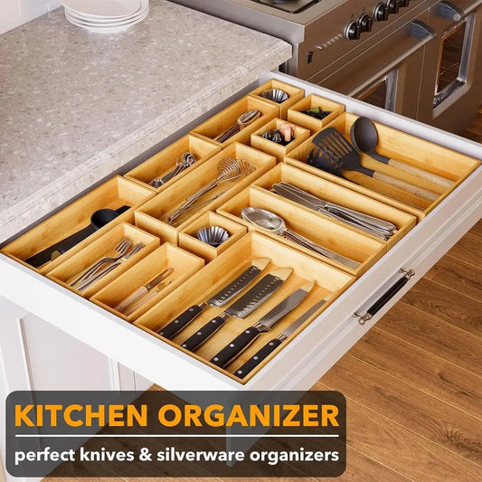 14-Piece Bamboo Drawer Organizer Storage Boxes Set, Multi-Use Divider Bins for Kitchen, Bathroom, Office Desk, Makeup Organizati