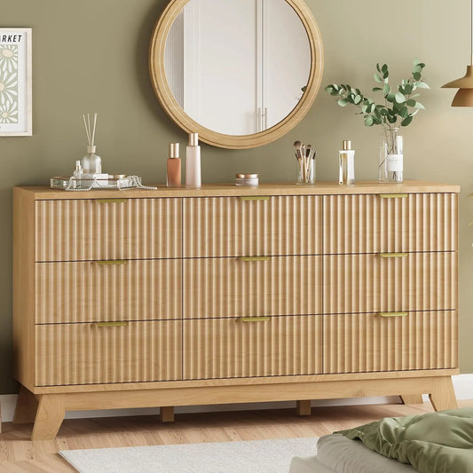 Fluted 9-Drawer Dresser 57" Wood Chest Metal Handle Bedroom Living Room Storage Oak, Customized