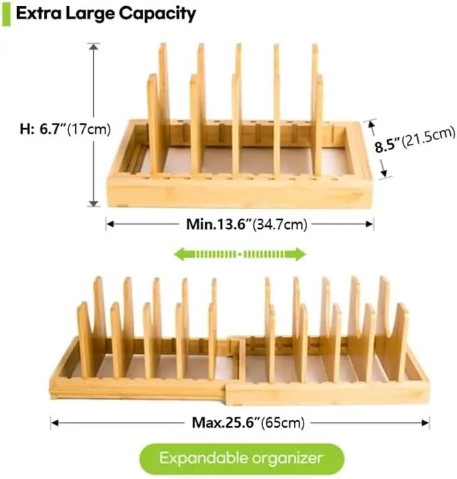Bamboo Under Cabinet Pots And Pans Organizer With Expandable Lids