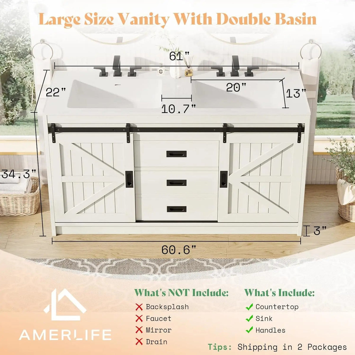 61" Farmhouse Double Bathroom Vanity with Sink Combo, Dual Basin Bathroom Storage Cabinet with Sliding Barn Doors & Drawers The Pet & Home Store