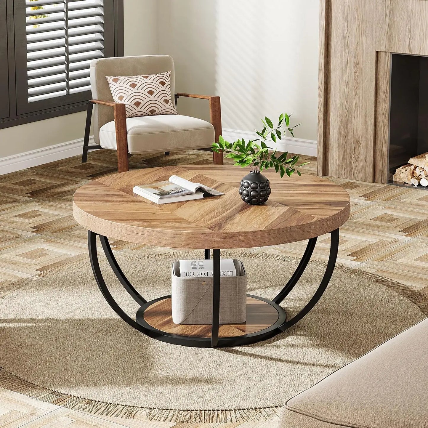 32" Circle Marble Coffee Tables, 2-Tier Golden Metal Legs Accent Center Table with Open Storage Modern Design Home Furniture