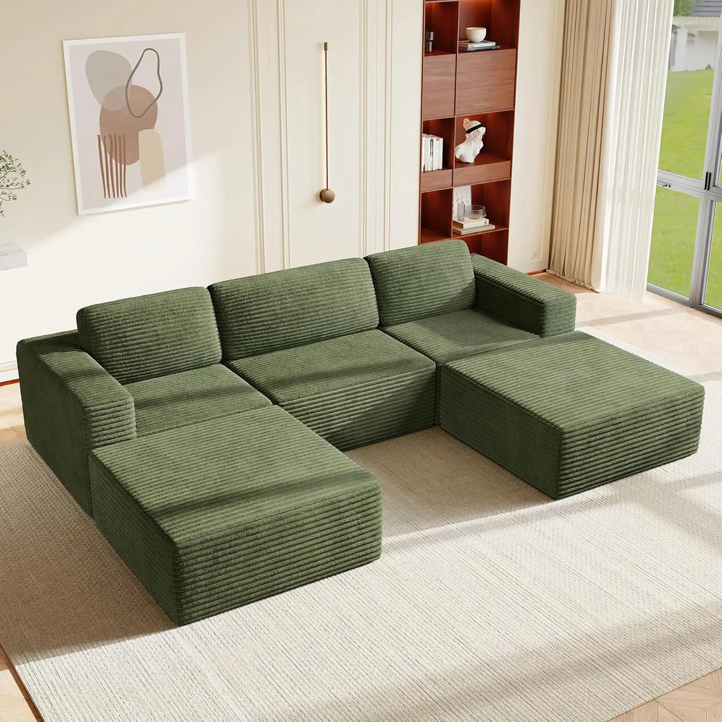 Corduroy L-Shape Modular Sofa With Movable Ottoman Sectional