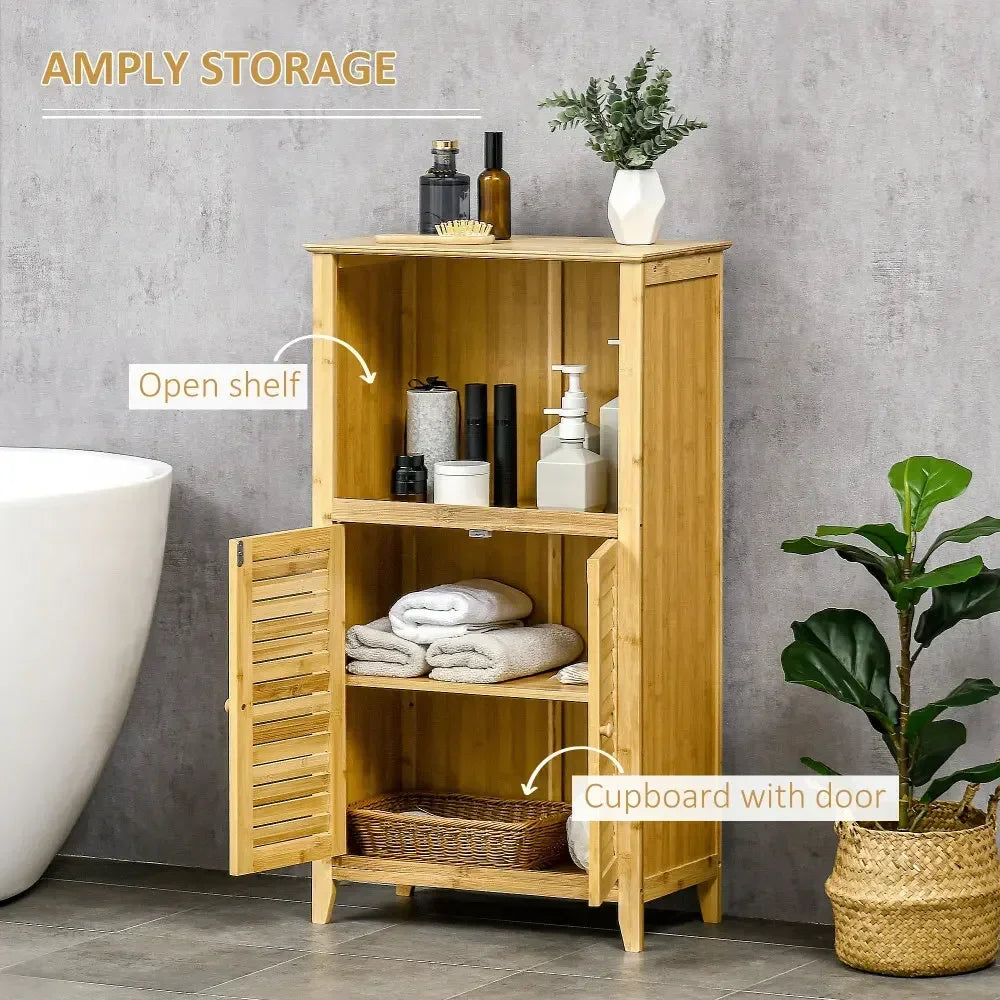 Bamboo Floor Cabinet Bathroom Floor Cabinet Living Room Organizer Tower with Multiple Shelves and Doors, Natural
