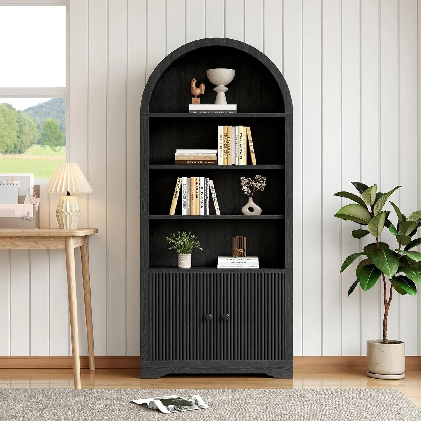 Arched Bookcase With Storage Door 6 Tier Freestanding Cabinet Farmhouse