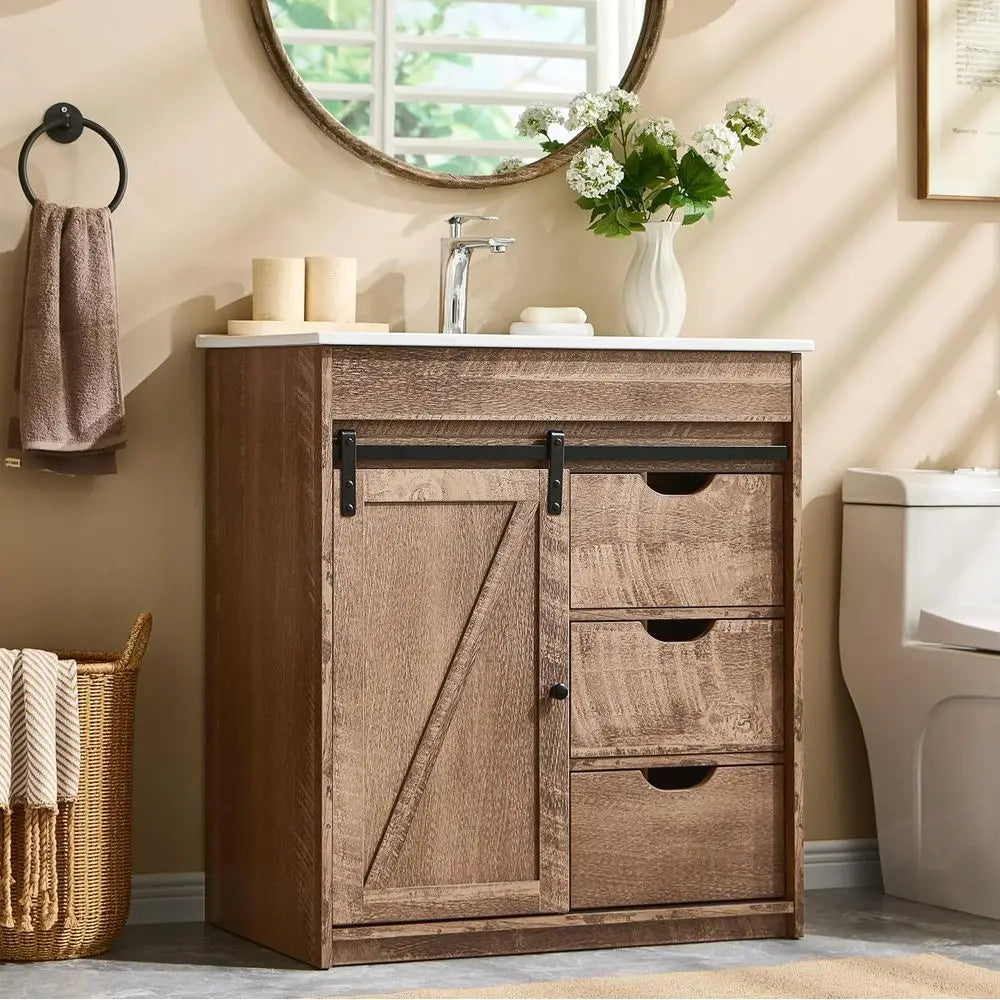 30" armhouse Bathroom Vanity with Ceic Sink Combo, reestanding ern Bathroom Storage Vanity Cabinet w/Sliding Barn Door, 3 Ders &