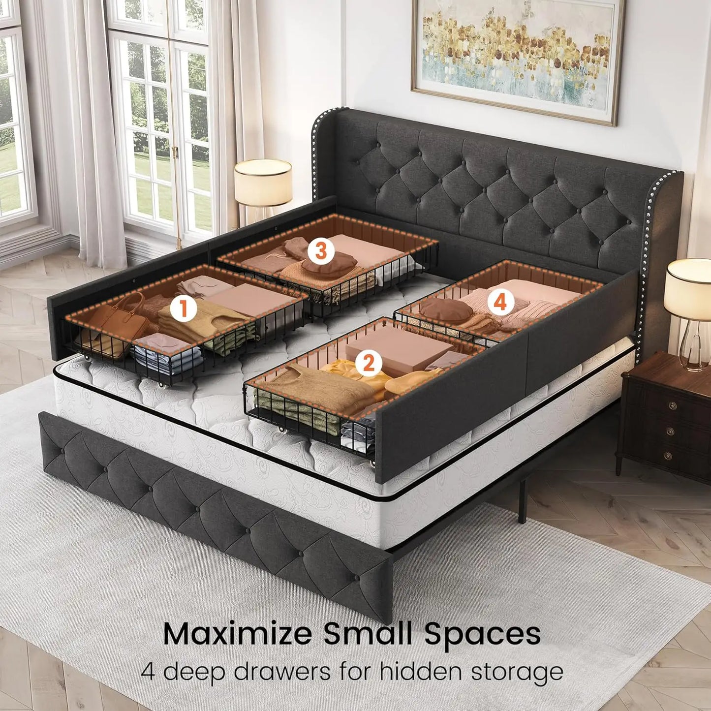 Upholstered Queen Size Bed Frame with 4 Storage Drawers and 47.2" Tall Wingback Headboard Tufted Platform Bed Frame, Customized