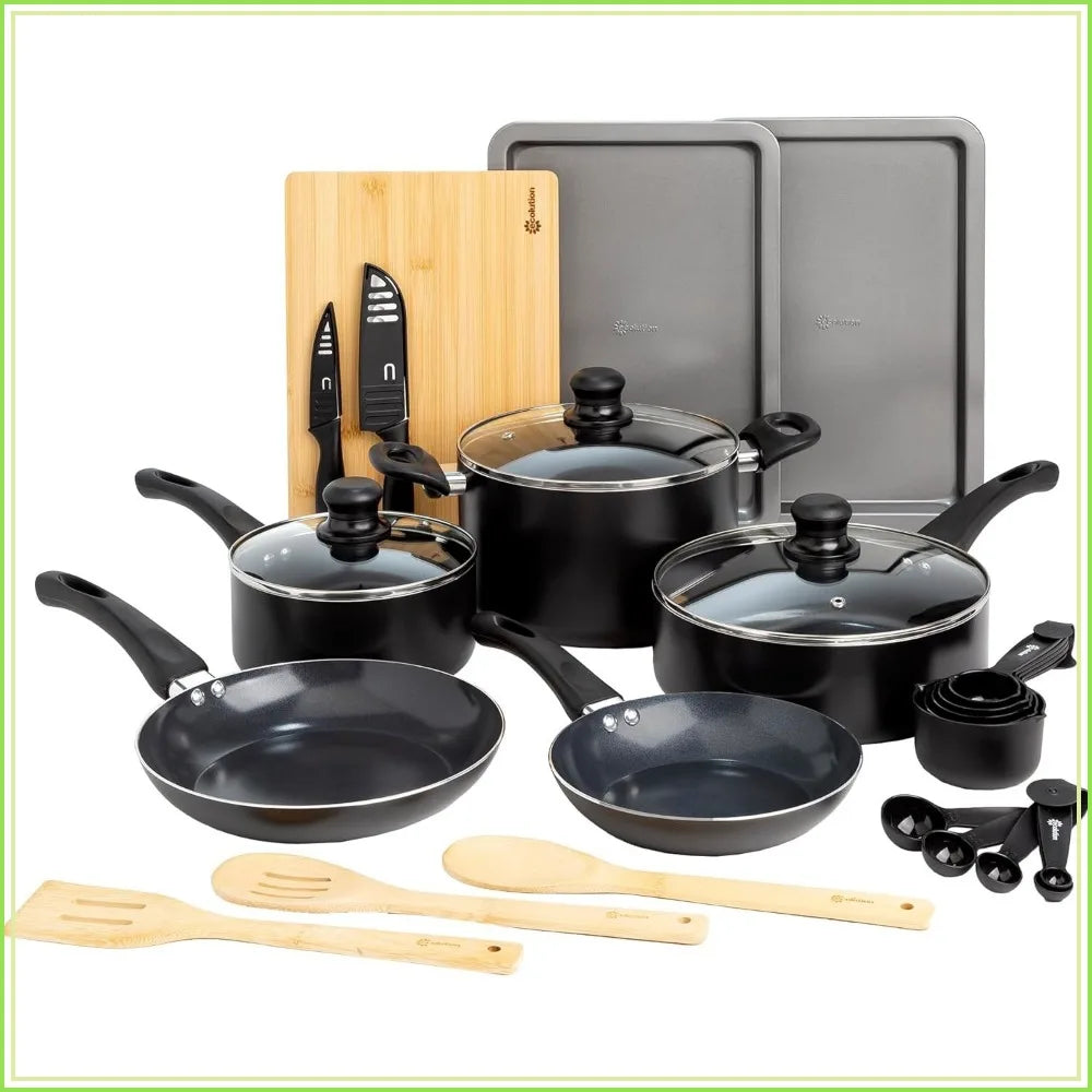 26-Piece Nonstick Cookware Set, Dishwasher Safe, Ceramic Coating, Even Heating, Comfort Grip, Black