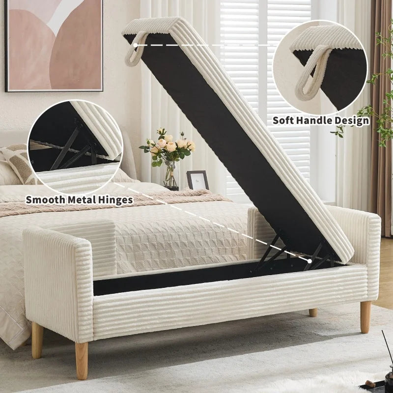 # Bed Storage Bench Upholstered Long Corduroy Window Bench Seat With Arms & Pillows For Bedroom