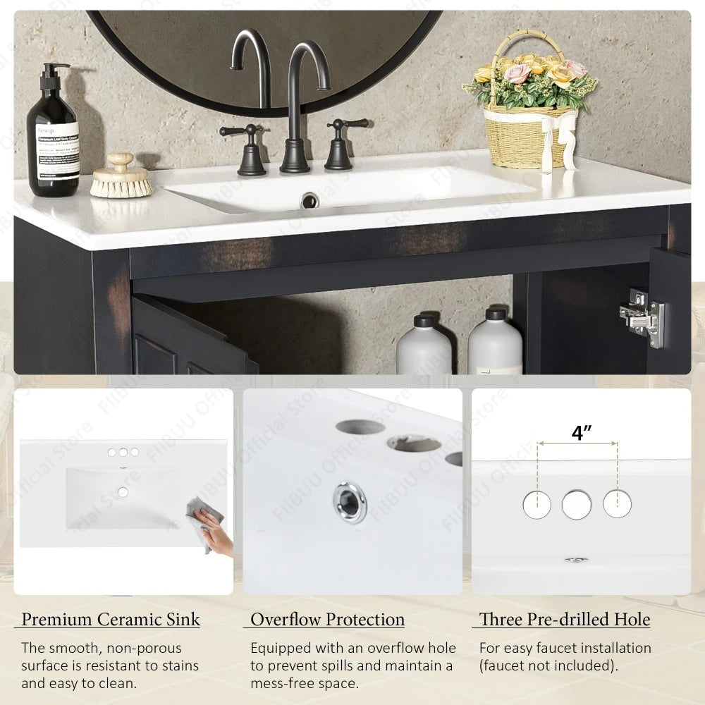 Bathroom Vanity Cabinet 36 Inch Solid Wood Organizer with Ceramic Sink Basin Storage Cabinet Bathroom Vanity Durable Soft-Close