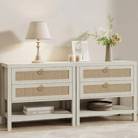 Large White Rattan Nightstands Set of 2, Boho Style with Drawers & Storage Shelf Bedroom Bedside End Table, Custom The Pet & Home Store