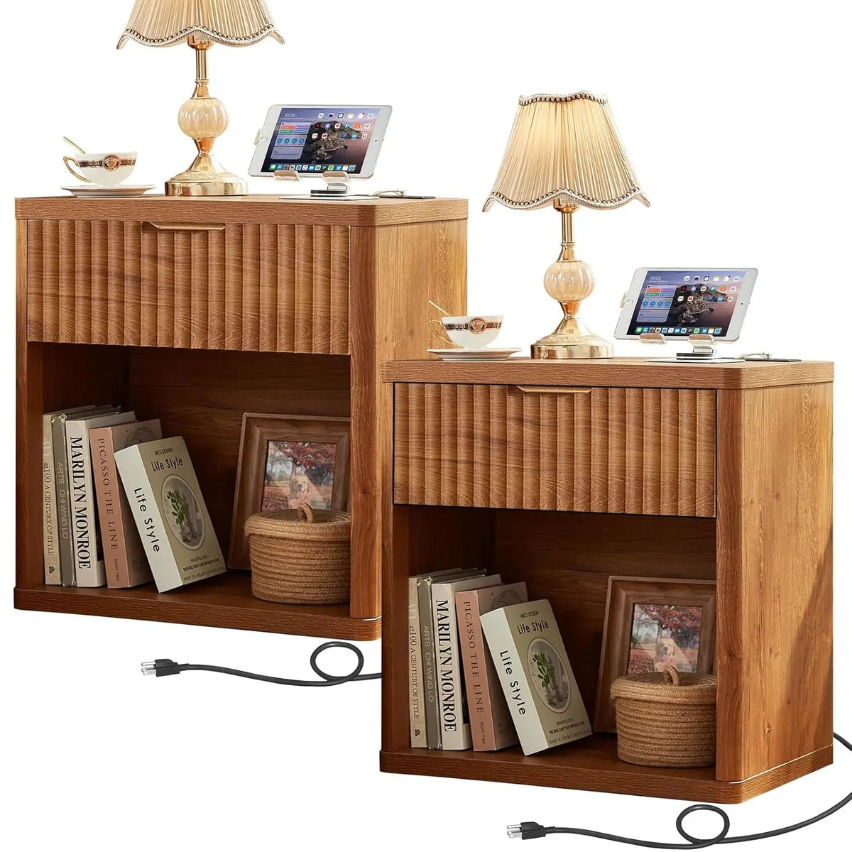 Set of 2 Wide Fluted Farmhouse Nightstands with Charging Station The Pet & Home Store