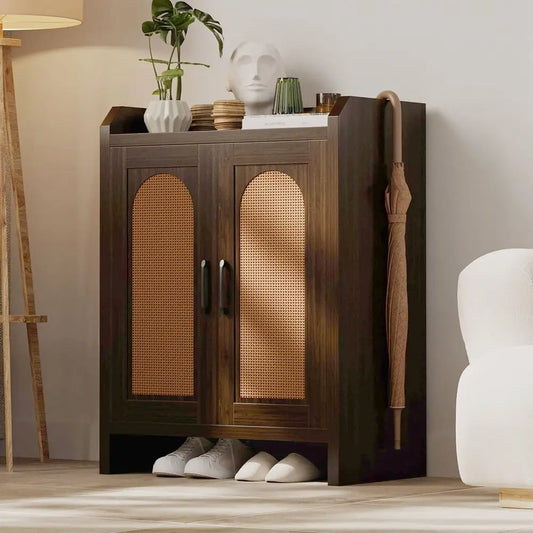 RBXC Shoe Cabinet Entryway Organizer Natural Rattan Wood