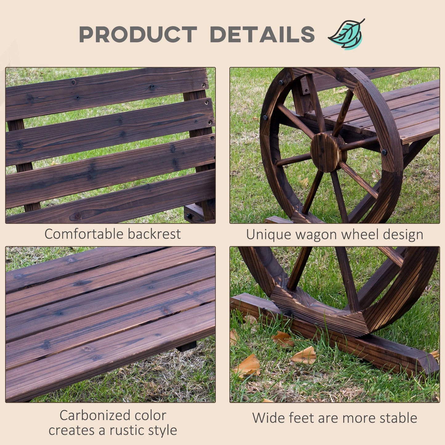 Outsunny Wagon Wheel Bench Wood Outdoor Garden Loveseat Chair Carbonized