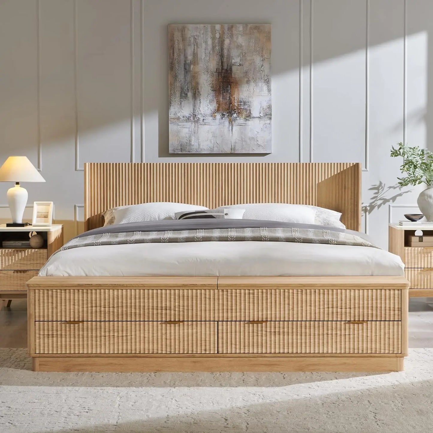 Fluted King Size Bed Frame with Wingback Headboard, Footboard Storage Bench with Built-in Drawers & Lift-Up, Customized