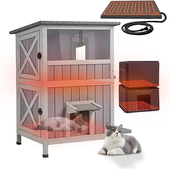 Insulated Outdoor Cat Shelter With Heated Pad, Weatherproof, Two-Story