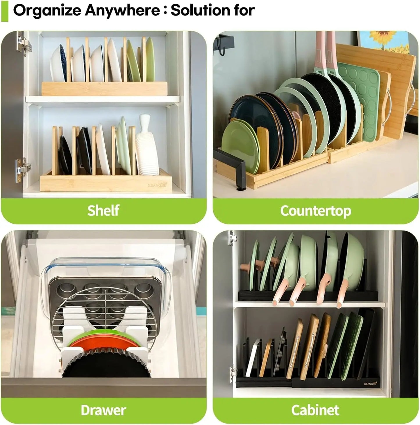 Bamboo Under Cabinet Pots And Pans Organizer With Expandable Lids
