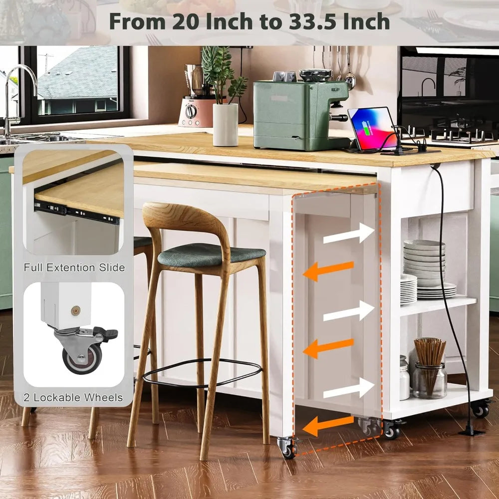 DAFIFY Kitchen Island On Wheels With Power Outlet Extendable Table