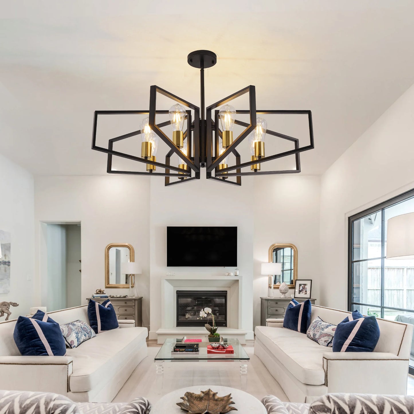 Geometric 8-Light Chandelier With Adjustable Height Iron Frame