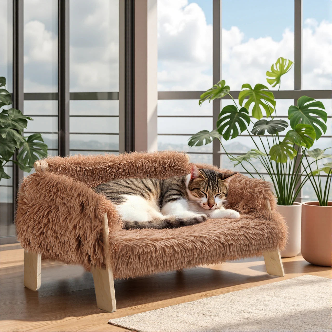 Wooden Raised Cat Bed With Plush Sofa For Indoor Cats