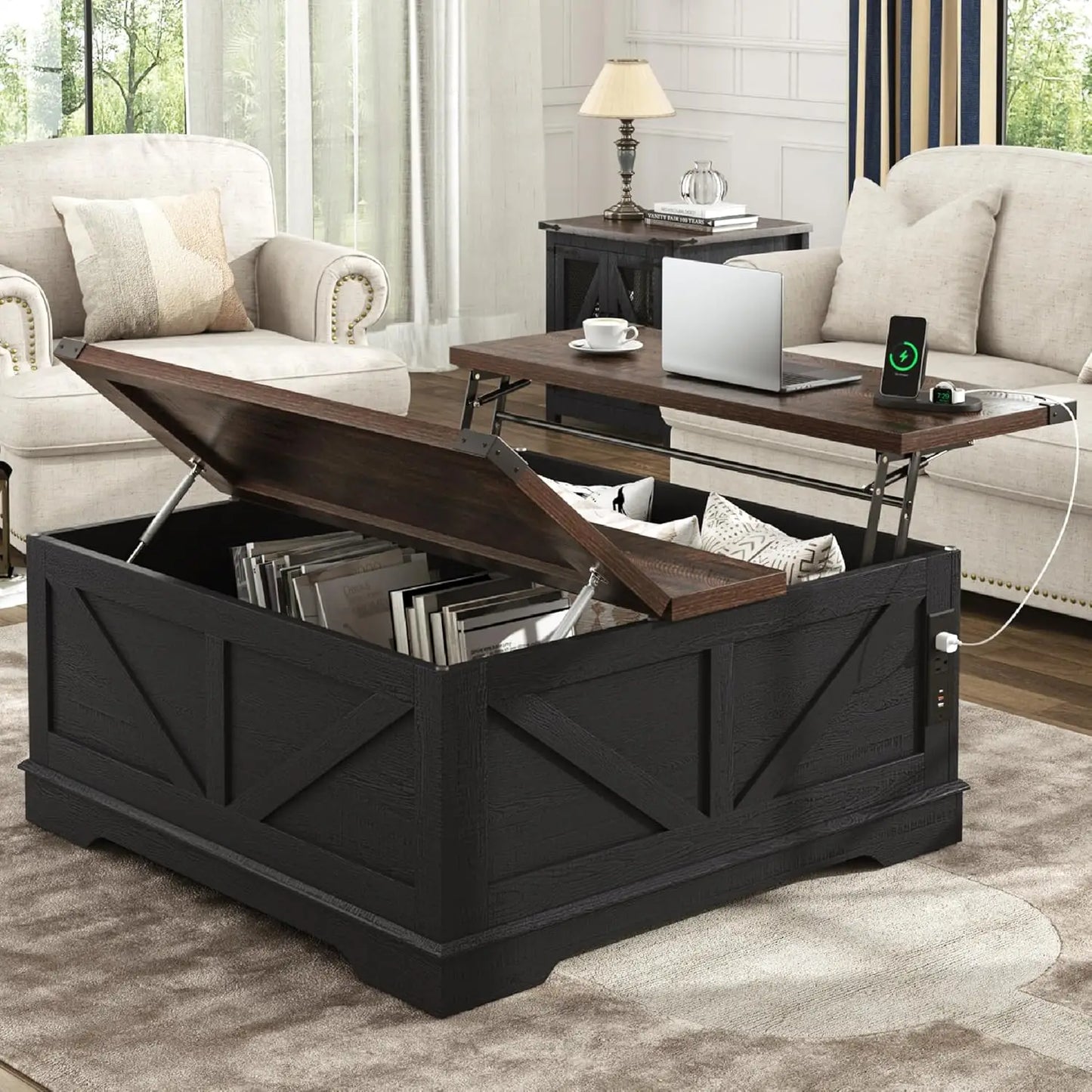 40" Farmhouse Lift Top Coffee Table, Power Outlets & Large Hidden Storage, Square Wood Living Room Table, Custom