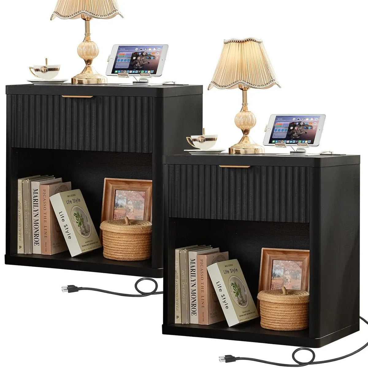 Set of 2 Wide Fluted Farmhouse Nightstands with Charging Station The Pet & Home Store