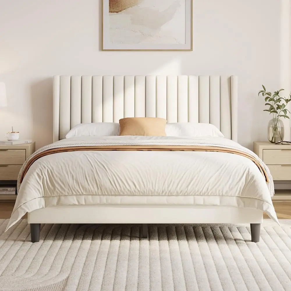 Upholstered Platform Bed Frame With Fabric Headboard Wing Edge NonSlip
