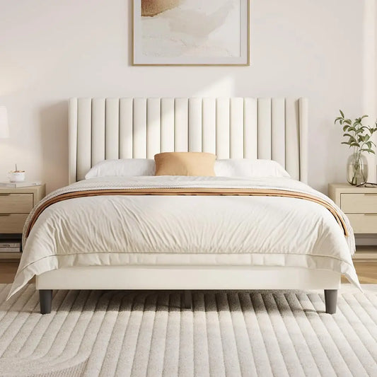 Upholstered Platform Bed Frame With Fabric Headboard Wing Edge NonSlip