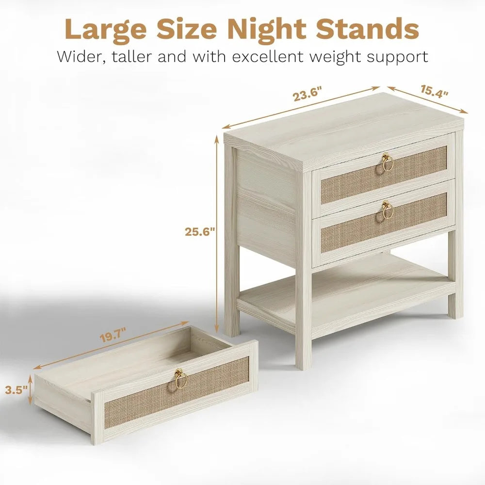 Large White Rattan Nightstands Set of 2, Boho Style with Drawers & Storage Shelf Bedroom Bedside End Table, Custom The Pet & Home Store