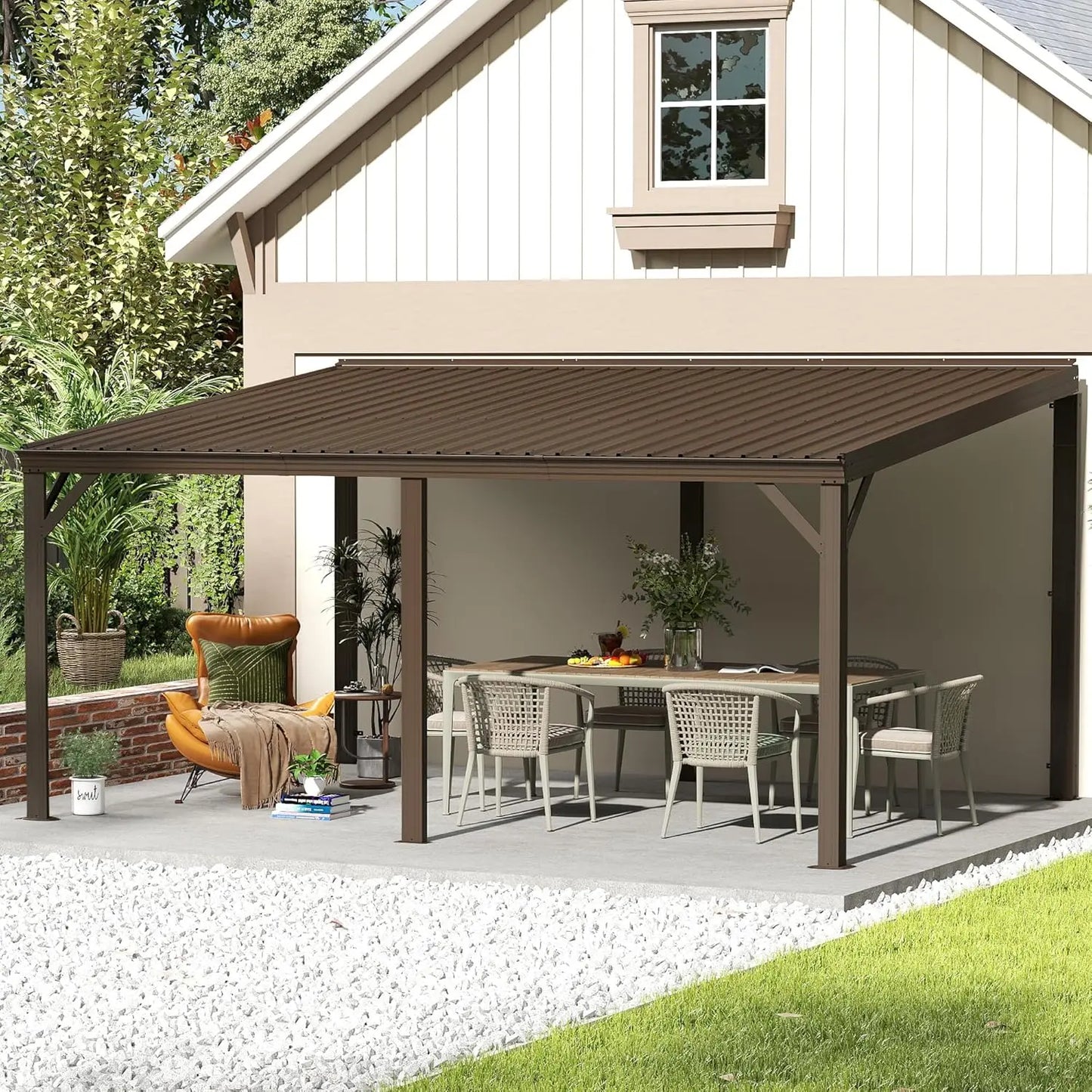 Wall Mounted Lean To Gazebo Pergola With Galvanized Steel Roof