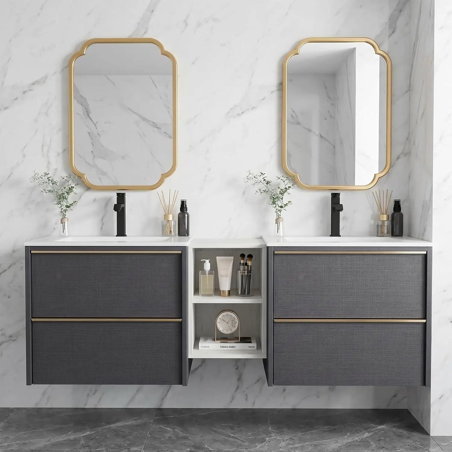 Floating Double Sink Acrylic Wood Vanity With Wall Mounted Cabinet