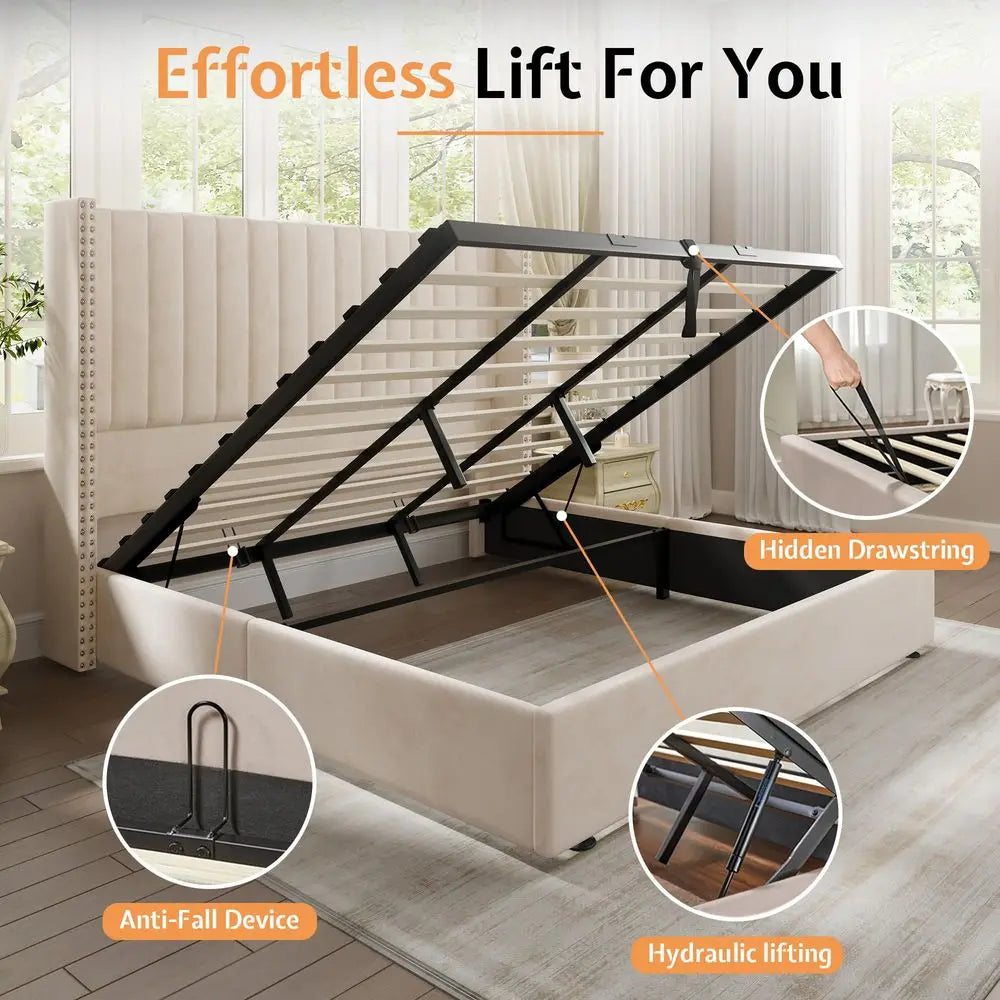 Upholstered King Lift Up Storage Bed Frame Velvet Headboard