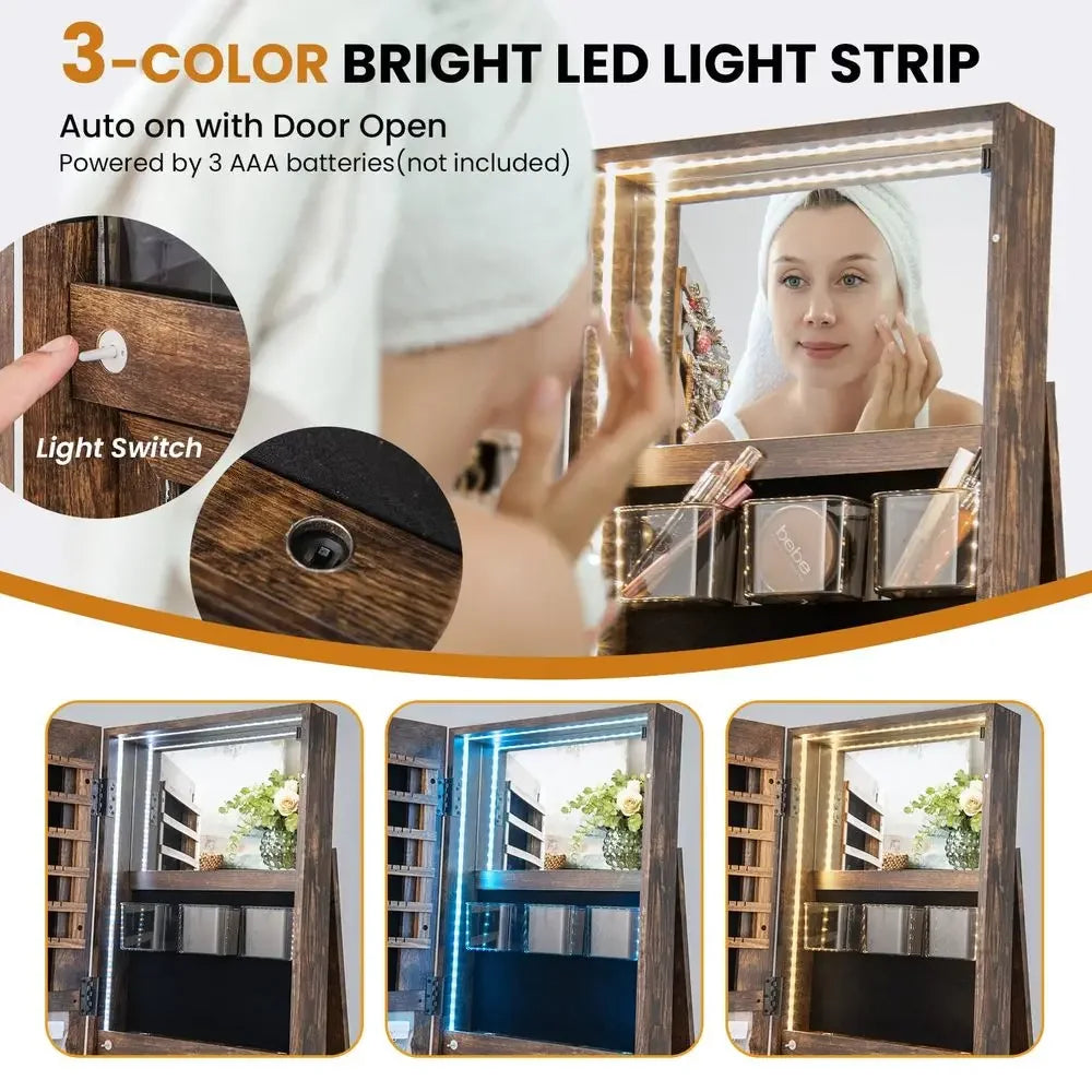 3In1 Mirror Jewelry Cabinet With LED Lights And Lockable Storage