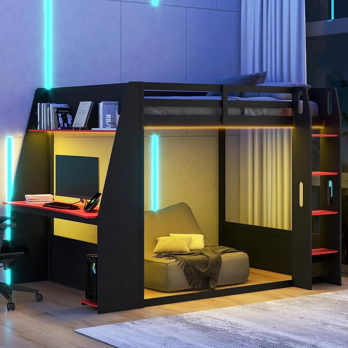 Full Over Full Multifunctional Bunk Bed with Desk and Bookshelves, Drawers, Space-Saving Wooden Bunk Bed for Kids &, Customized