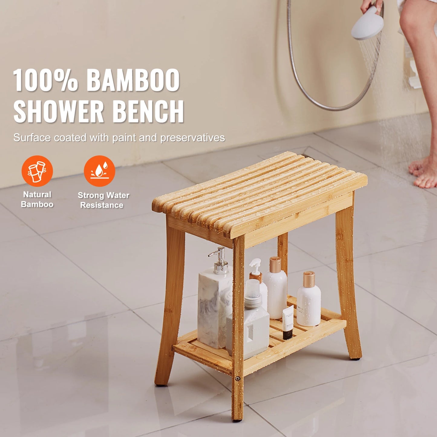 SucceBuy Bamboo Shower Bench With Storage Shelf 330lbs