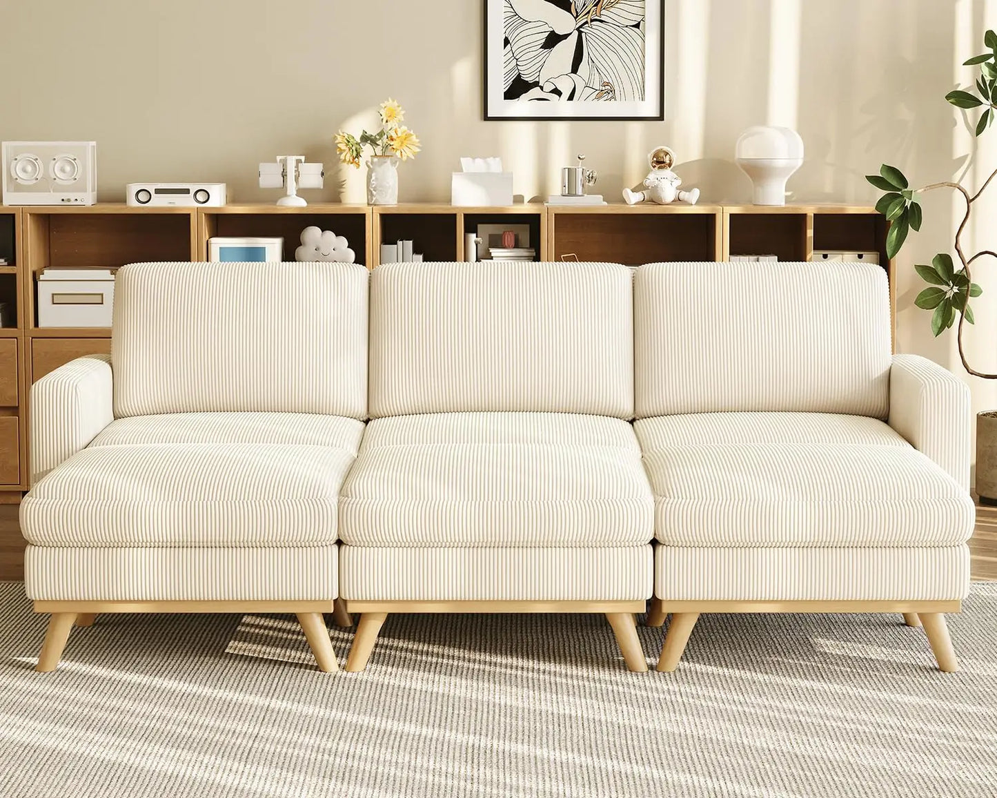 Corduroy L-Shape Modular Sofa With Movable Ottoman Sectional