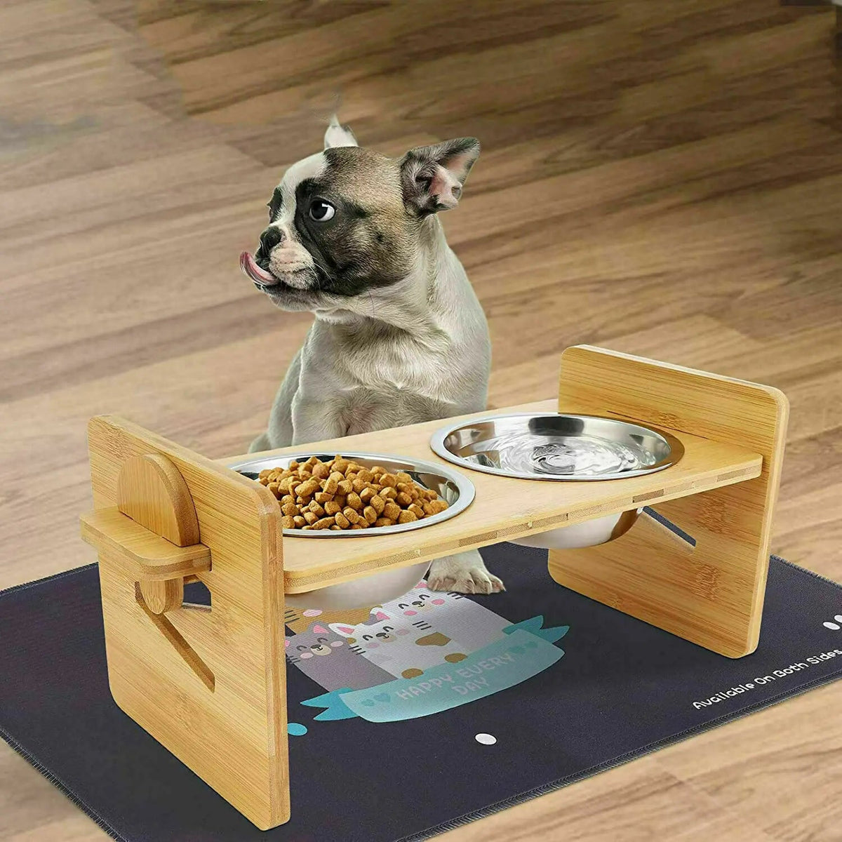 Wooden Raised Cat Bowls, Food Container, Drinking Dish, Bamboo Stand, Stainless Bowl, Height Adjustable The Pet & Home Store